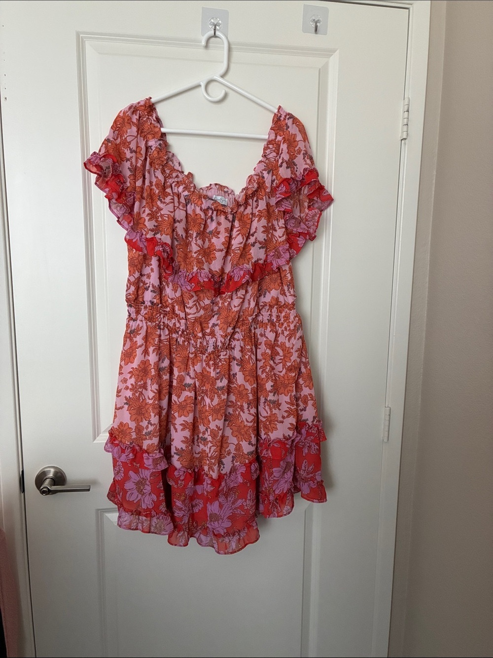 Jessica Simpson Pink & Orange Sheer Elastic Waist Floral Ruffle Boho Dress